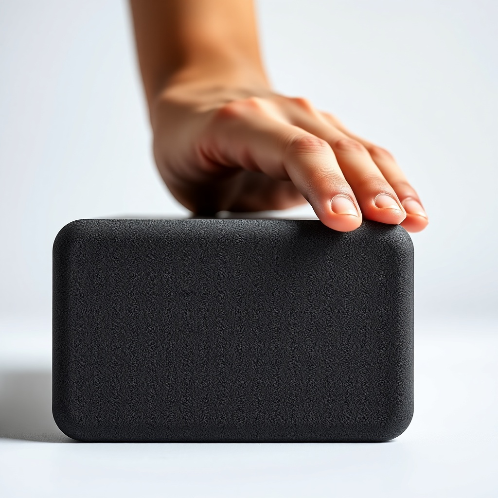 손가락으로 요가 블록의 표면을 눌러 소재의 탄성과 밀도를 확인하고 있는 모습