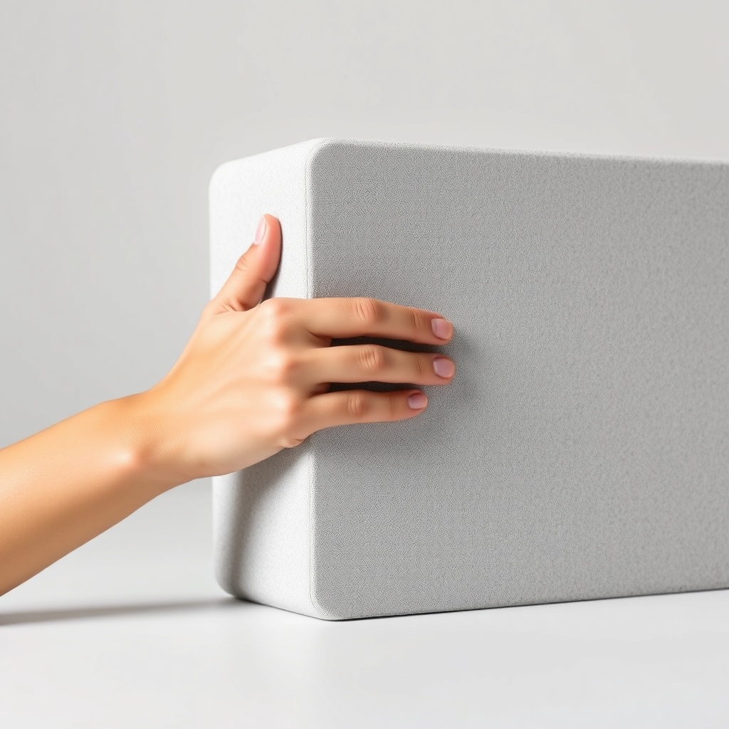 요가 블록의 밀도를 측정하고 소재의 입자 구조를 근접 촬영한 모습