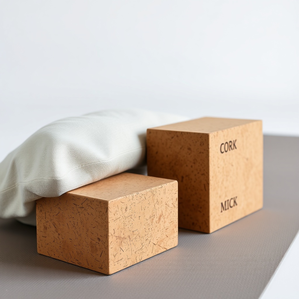 요가 매트 위에 나란히 놓인 부드러운 천 소재의 직사각형 볼스터와 단단한 질감의 코르크 블록 비교